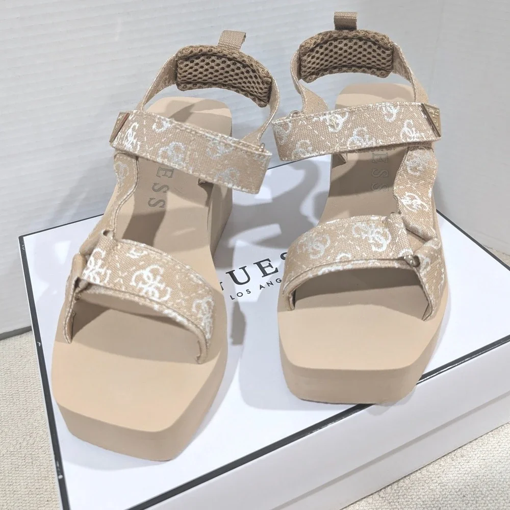 Guess Daysa Quattro G Strappy EVA Wedge Sandals Light Natural 8M NIB
